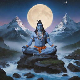 A mystically charged scene featuring Lord Shiva meditating on Mount Kailash. His matted locks adorned with a crescent moon and his third eye open. A tranquil river flowing nearby and a snake coiling around him. Radiate an aura of mystic energy in the backdrop.