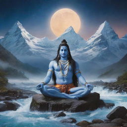 A mystically charged scene featuring Lord Shiva meditating on Mount Kailash. His matted locks adorned with a crescent moon and his third eye open. A tranquil river flowing nearby and a snake coiling around him. Radiate an aura of mystic energy in the backdrop.