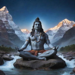 A mystically charged scene featuring Lord Shiva meditating on Mount Kailash. His matted locks adorned with a crescent moon and his third eye open. A tranquil river flowing nearby and a snake coiling around him. Radiate an aura of mystic energy in the backdrop.