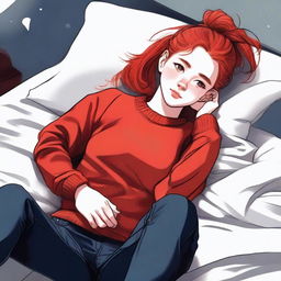 A high-quality digital art image depicts an 18-year-old woman with vibrant red hair tied in a ponytail, lying in bed