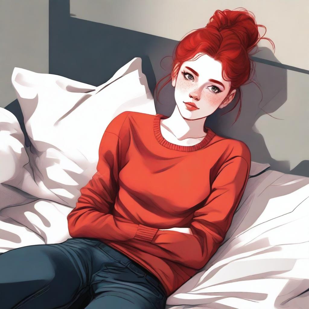 A high-quality digital art image depicts an 18-year-old woman with vibrant red hair tied in a ponytail, lying in bed