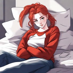 A high-quality digital art image depicts an 18-year-old woman with vibrant red hair tied in a ponytail, lying in bed