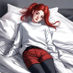 A high-quality digital art image depicts an 18-year-old woman with vibrant red hair tied in a ponytail, lying in bed