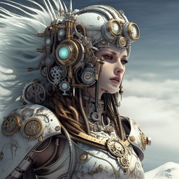 Illustration of Mecha Jesus reimagined with subtle steampunk elements, while maintaining the ice and snow theme and prominent beautiful facial features