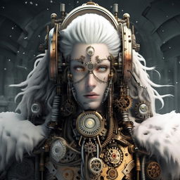 Illustration of Mecha Jesus reimagined with subtle steampunk elements, while maintaining the ice and snow theme and prominent beautiful facial features