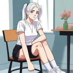 A high-quality digital art image features an 18-year-old woman with white hair tied in a ponytail, sitting on a chair