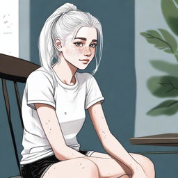 A high-quality digital art image features an 18-year-old woman with white hair tied in a ponytail, sitting on a chair