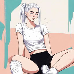 A high-quality digital art image features an 18-year-old woman with white hair tied in a ponytail, sitting on a chair