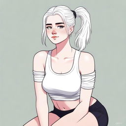 A high-quality digital art image features an 18-year-old woman with white hair tied in a ponytail, sitting on a chair