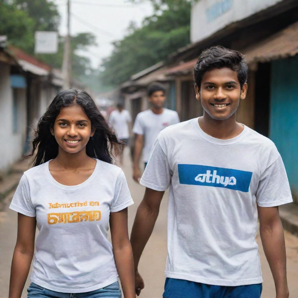 A 22-year-old boy and girl walking down a typical Sri Lankan street. The boy wears a t-shirt emblazoned with the name 'Sathya' and the girl's t-shirt says 'Jackson'. Compose this in a vertical layout suitable for a phone wallpaper.