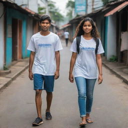 A 22-year-old boy and girl walking down a typical Sri Lankan street. The boy wears a t-shirt emblazoned with the name 'Sathya' and the girl's t-shirt says 'Jackson'. Compose this in a vertical layout suitable for a phone wallpaper.