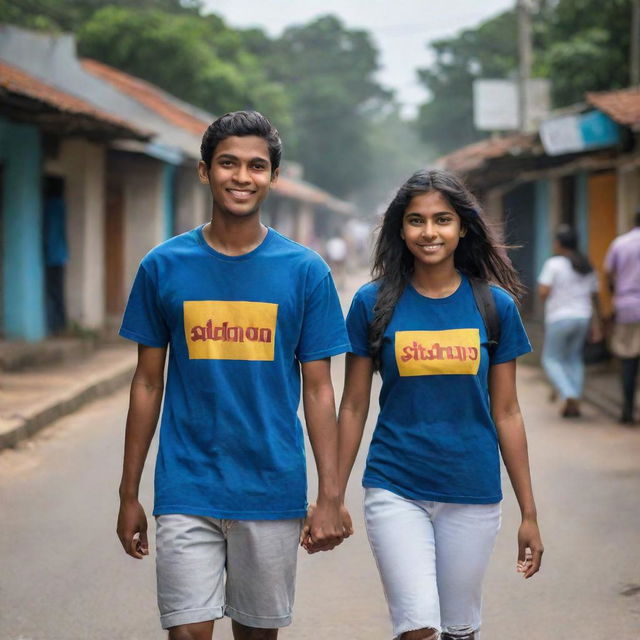 A 22-year-old boy and girl walking down a typical Sri Lankan street. The boy wears a t-shirt emblazoned with the name 'Sathya' and the girl's t-shirt says 'Jackson'. Compose this in a vertical layout suitable for a phone wallpaper.