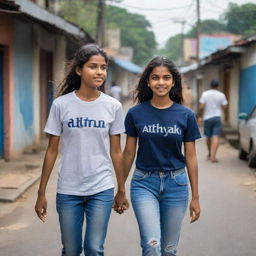 A 22-year-old boy and girl walking down a typical Sri Lankan street. The boy wears a t-shirt emblazoned with the name 'Sathya' and the girl's t-shirt says 'Jackson'. Compose this in a vertical layout suitable for a phone wallpaper.