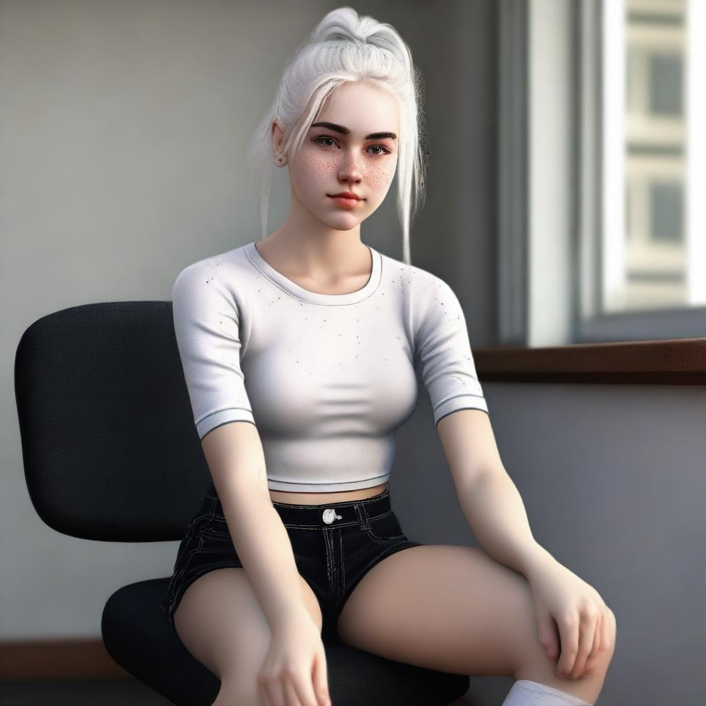 A high-quality digital art image captures an 18-year-old woman with white hair tied in a ponytail, sitting on a chair