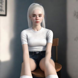 A high-quality digital art image captures an 18-year-old woman with white hair tied in a ponytail, sitting on a chair