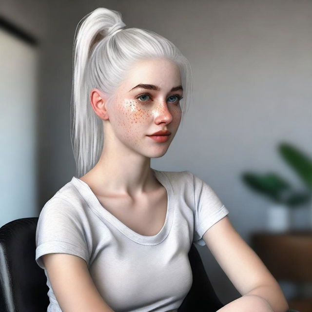 A high-quality digital art image captures an 18-year-old woman with white hair tied in a ponytail, sitting on a chair