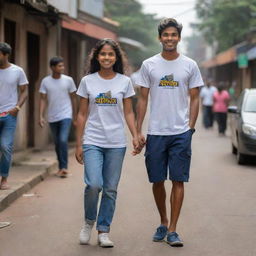 Create a 3D image of a 22-year-old boy and girl walking down a Sri Lankan street. The boy's t-shirt should feature the name 'Sathya' and the girl's t-shirt the name 'Jackson'. Make sure it suits a vertical phone wallpaper format.