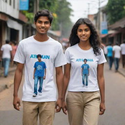 Create a 3D image of a 22-year-old boy and girl walking down a Sri Lankan street. The boy's t-shirt should feature the name 'Sathya' and the girl's t-shirt the name 'Jackson'. Make sure it suits a vertical phone wallpaper format.