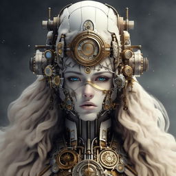 Illustration of Mecha Jesus reimagined with subtle steampunk elements, while maintaining the ice and snow theme and prominent beautiful facial features