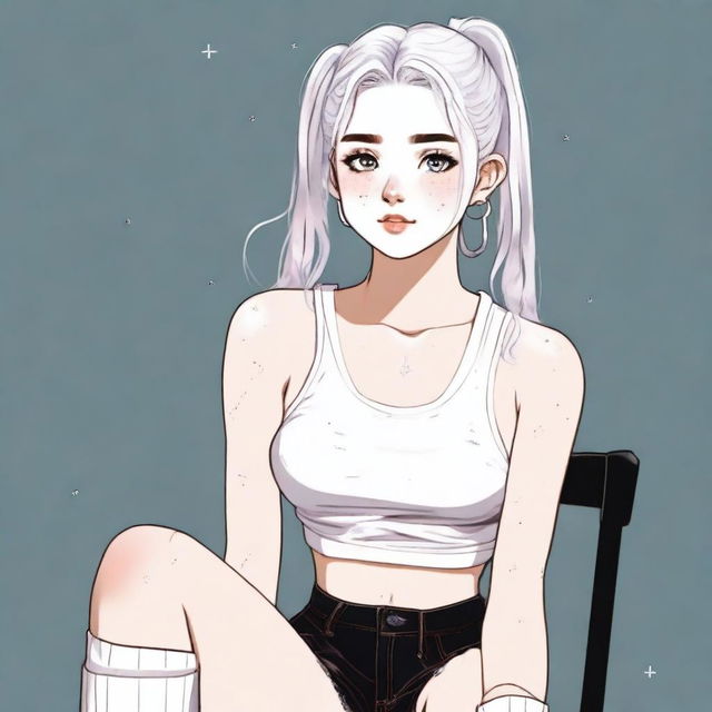 This is a high-quality digital art image featuring an 18-year-old woman with white hair sitting on a chair