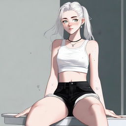 This is a high-quality digital art image featuring an 18-year-old woman with white hair sitting on a chair