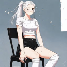 This is a high-quality digital art image featuring an 18-year-old woman with white hair sitting on a chair