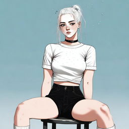 This is a high-quality digital art image featuring an 18-year-old woman with white hair sitting on a chair