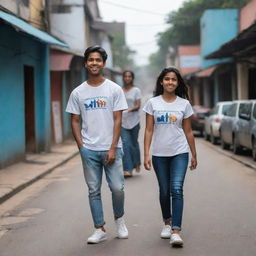 Create a 3D image of a 22-year-old boy and girl walking down a Sri Lankan street. The boy's t-shirt should feature the name 'Sathya' and the girl's t-shirt the name 'Jackson'. Make sure it suits a vertical phone wallpaper format.