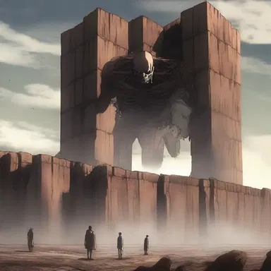 In the anime series 'Attack on Titan', the protagonists often take refuge on a mesa surrounded by towering walls to protect themselves from giant humanoid creatures.