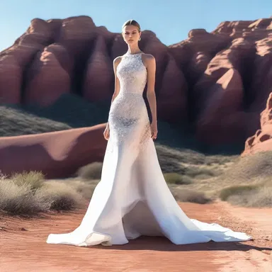 The fashion show featured a model in a stunning gown, elegantly walking across the mesa runway with its steep edges providing a dramatic backdrop.