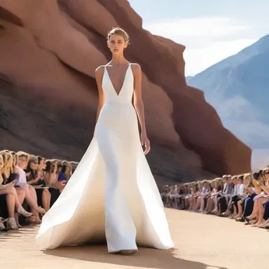 The fashion show featured a model in a stunning gown, elegantly walking across the mesa runway with its steep edges providing a dramatic backdrop.