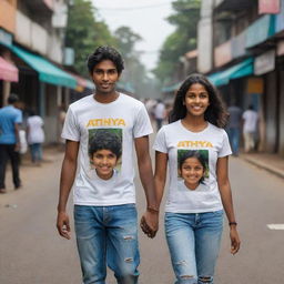 Create a 3D image of a 22-year-old boy and girl walking down a Sri Lankan street. The boy's t-shirt should feature the name 'Sathya' and the girl's t-shirt the name 'Jackson'. Make sure it suits a vertical phone wallpaper format.