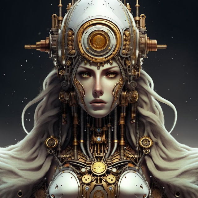 Illustration of Mecha Jesus reimagined with subtle steampunk elements, while maintaining the ice and snow theme and prominent beautiful facial features