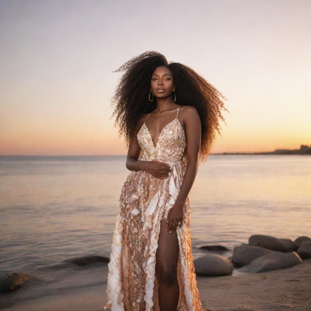 A tall black girl with long flowing hair, adorned in seashell attire, standing against the backdrop of a radiant sunset by the riverside.