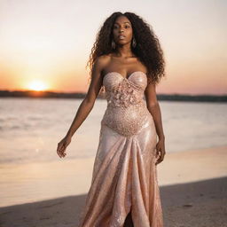 A tall black girl with long flowing hair, adorned in seashell attire, standing against the backdrop of a radiant sunset by the riverside.