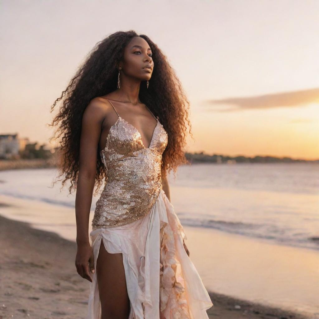 A tall black girl with long flowing hair, adorned in seashell attire, standing against the backdrop of a radiant sunset by the riverside.