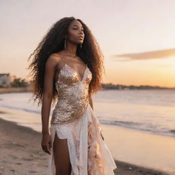 A tall black girl with long flowing hair, adorned in seashell attire, standing against the backdrop of a radiant sunset by the riverside.