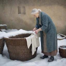 In the style of Renaissance art, depict an elderly woman meticulously washing her clothes in a chill winter setting, all carefully composed within a narrow aspect ratio that highlights and amplifies the scene's intimacy.