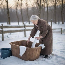 In the style of Renaissance art, depict an elderly woman meticulously washing her clothes in a chill winter setting, all carefully composed within a narrow aspect ratio that highlights and amplifies the scene's intimacy.