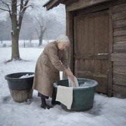 In the style of Renaissance art, depict an elderly woman meticulously washing her clothes in a chill winter setting, all carefully composed within a narrow aspect ratio that highlights and amplifies the scene's intimacy.