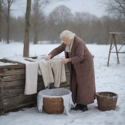 In the style of Renaissance art, depict an elderly woman meticulously washing her clothes in a chill winter setting, all carefully composed within a narrow aspect ratio that highlights and amplifies the scene's intimacy.