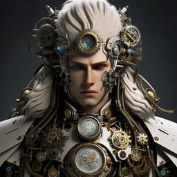 Mecha Jesus as a male character with steampunk influences, an ice and snow theme, and handsome facial features. Inspired by the aesthetic of Final Fantasy