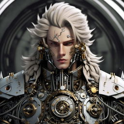 Mecha Jesus as a male character with steampunk influences, an ice and snow theme, and handsome facial features. Inspired by the aesthetic of Final Fantasy