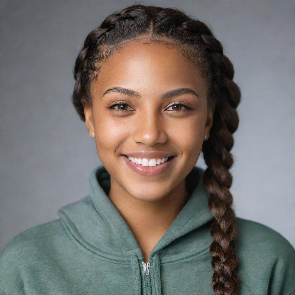 Ultra realistic portrait of a 22 year old African American female with light brown olive skin and braided hair. She is elegantly and boldly smiling at the camera, embodying peace and boldness, dressed in a hoodie in a photo studio. Illustrate it as captured by an 80mm lens camera.