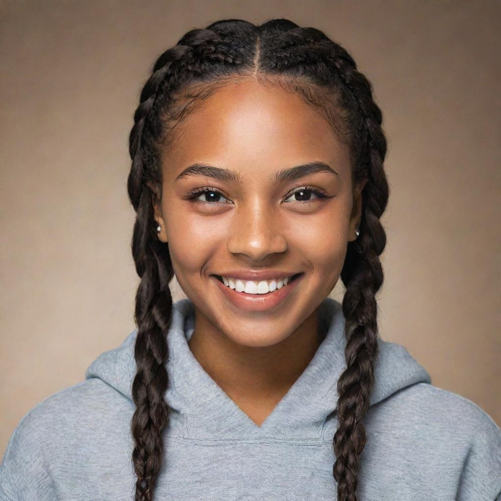 Ultra realistic portrait of a 22 year old African American female with light brown olive skin and braided hair. She is elegantly and boldly smiling at the camera, embodying peace and boldness, dressed in a hoodie in a photo studio. Illustrate it as captured by an 80mm lens camera.