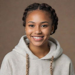 Ultra realistic portrait of a 22 year old African American female with light brown olive skin and braided hair. She is elegantly and boldly smiling at the camera, embodying peace and boldness, dressed in a hoodie in a photo studio. Illustrate it as captured by an 80mm lens camera.