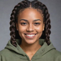 Ultra realistic portrait of a 22 year old African American female with light brown olive skin and braided hair. She is elegantly and boldly smiling at the camera, embodying peace and boldness, dressed in a hoodie in a photo studio. Illustrate it as captured by an 80mm lens camera.