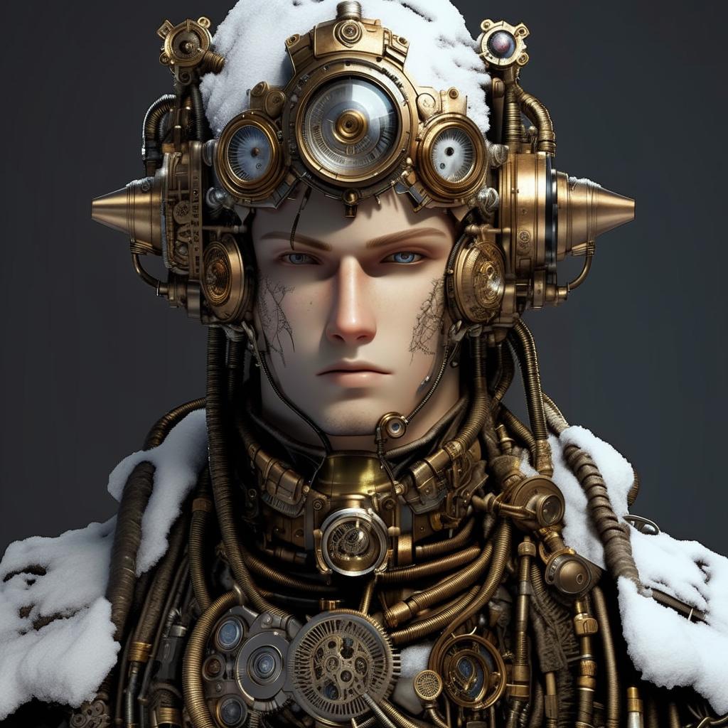 Mecha Jesus as a male character with steampunk influences, an ice and snow theme, and handsome facial features. Inspired by the aesthetic of Final Fantasy