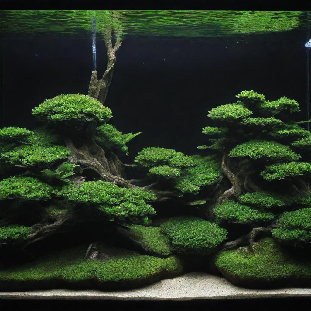 An ultra HD, super detailed image showcasing an elegant and simple iwagumi style aquascape.