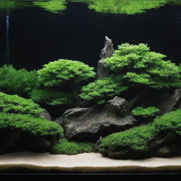 An ultra HD, super detailed image showcasing an elegant and simple iwagumi style aquascape.